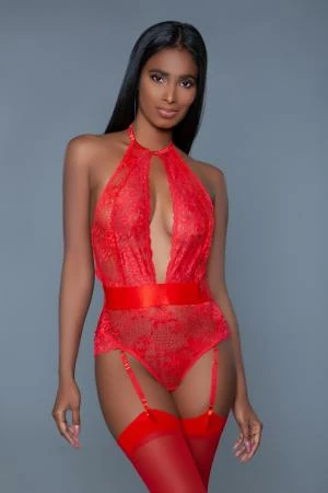 Ophelia Kanten Jarretel Body - Rood